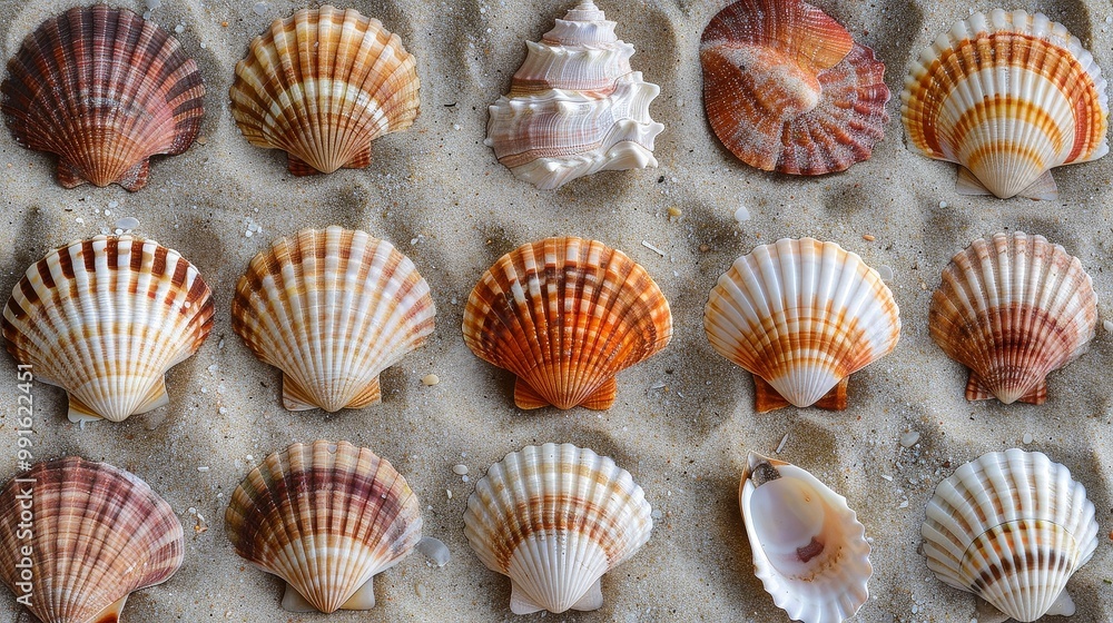 Seashell Collection Display on Sandy Towel Seashell Collection Display on Sandy Towel