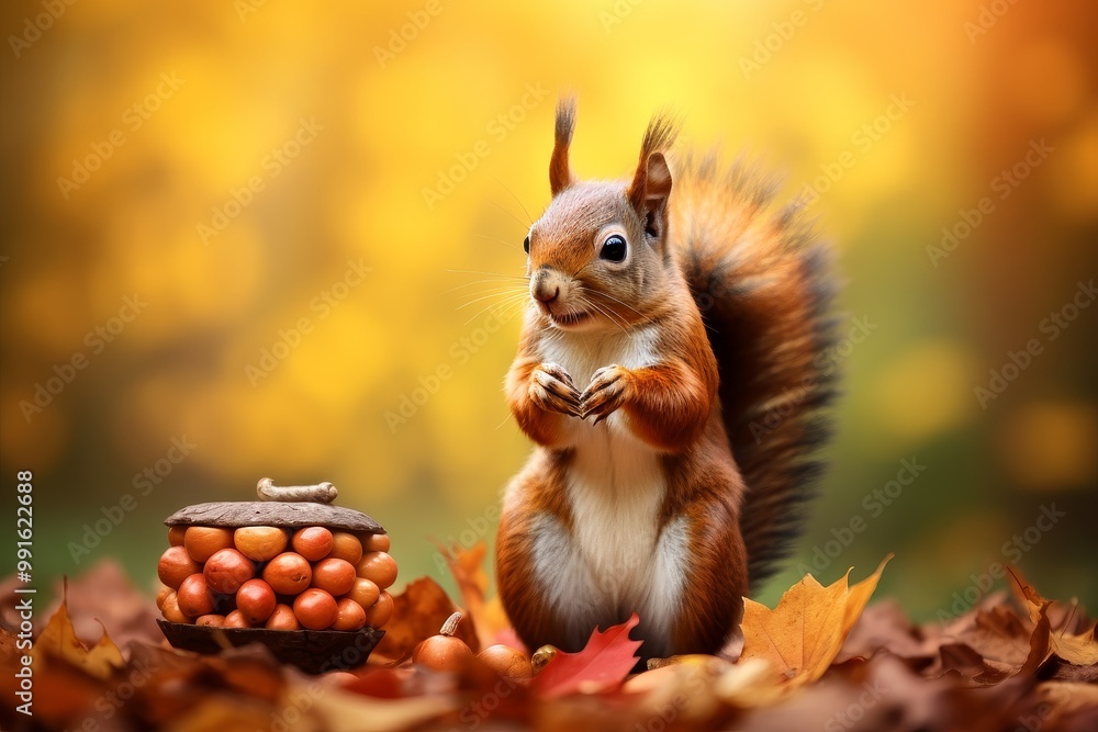 Fototapeta premium Acorn-wielding Squirrel amidst Autumn Hues