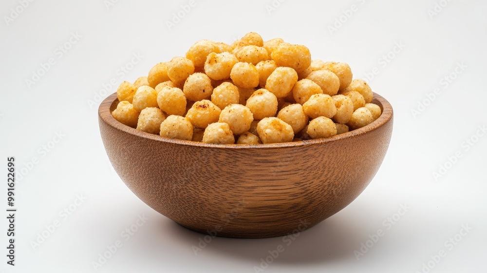 Crispy phool makhana served in a wooden bowl, the perfect crunchy snack for health-conscious individuals. Delicately seasoned for extra flavor.