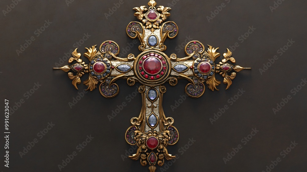 Ornate gold cross with red and blue gemstones on a dark brown background. Ornate gold cross with red and blue gemstones on a dark brown background.