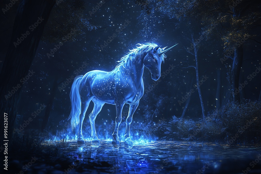 A mystical unicorn stands in a serene blue forest, surrounded by sparkling lights and a magical atmosphere, evoking dreams and wonder. A mystical unicorn stands in a serene blue forest, surrounded by sparkling lights and a magical atmosphere, evoking dreams and wonder.