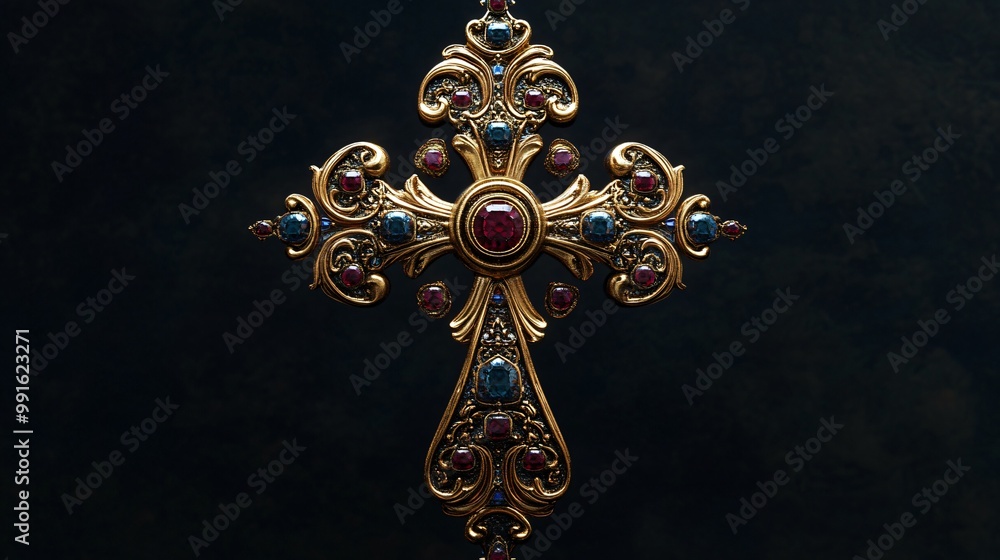 Ornate gold cross with ruby and sapphire gemstones on a black background. Ornate gold cross with ruby and sapphire gemstones on a black background.