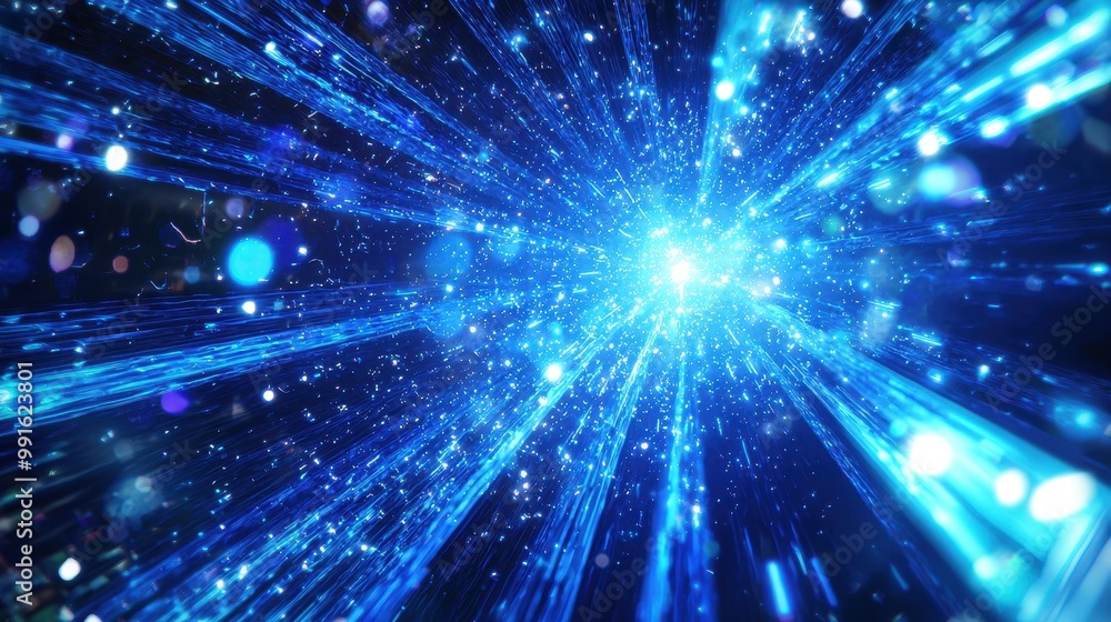 Abstract blue holographic light beams intersecting in a tech-driven digital world full of advanced technology symbols. Abstract blue holographic light beams intersecting in a tech-driven digital world full of advanced technology symbols.