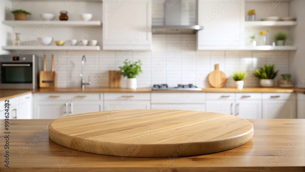 Empty wooden round tabletop counter in bright kitchen with clean background ideal for interior design concepts and home decor stock photography Empty wooden round tabletop counter in bright kitchen with clean background ideal for interior design concepts and home decor stock photography