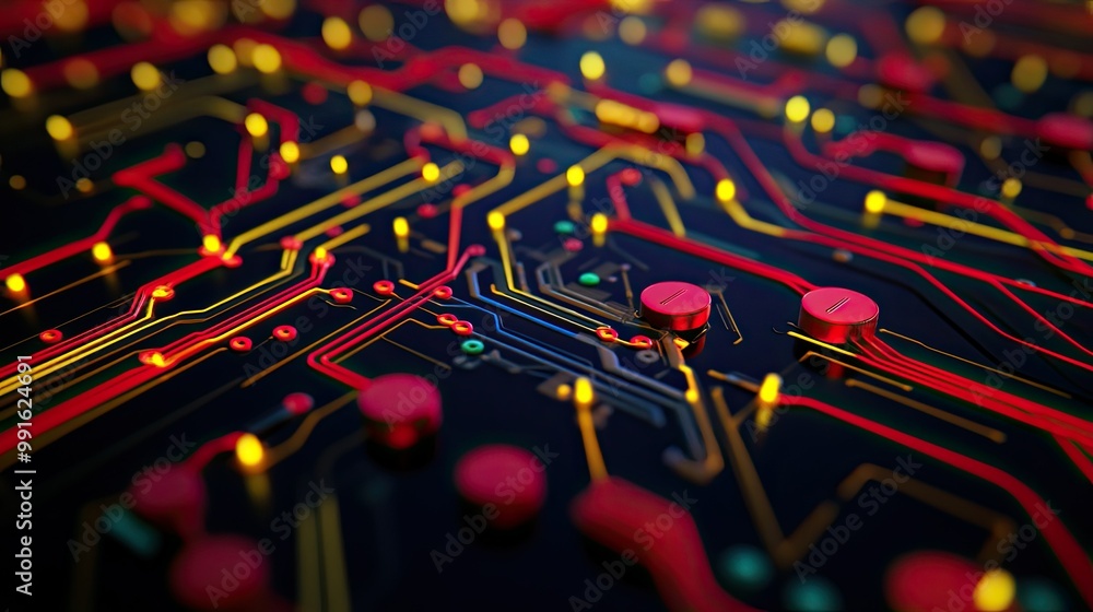 Detailed circuit board with red, blue, and yellow wires connected, laid out on a black background, highlighting the complexity of modern technology. Detailed circuit board with red, blue, and yellow wires connected, laid out on a black background, highlighting the complexity of modern technology.