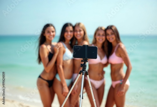 Group of young women taking a beach selfie with a tripod photo