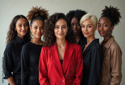 A group of diverse women in red suits and black shirts pose for a photo