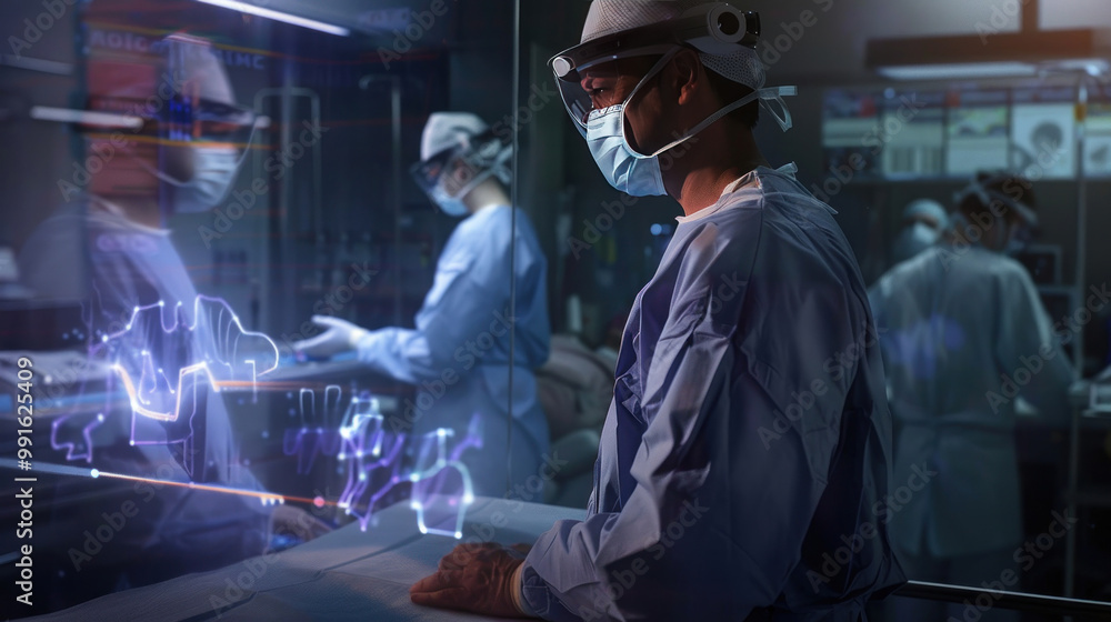 A surgeon at work in a holographic environment, with each movement mirrored in a virtual model that provides instant feedback and adjustments A surgeon at work in a holographic environment, with each movement mirrored in a virtual model that provides instant feedback and adjustments