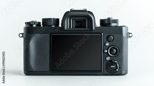 Digital black mirrorless camera, side angle showing blank LCD and buttons, isolated on white background with sharp, clear focus and full depth of field