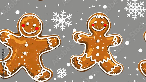 Gingerbread pattern with gingerbread man and snowflakes