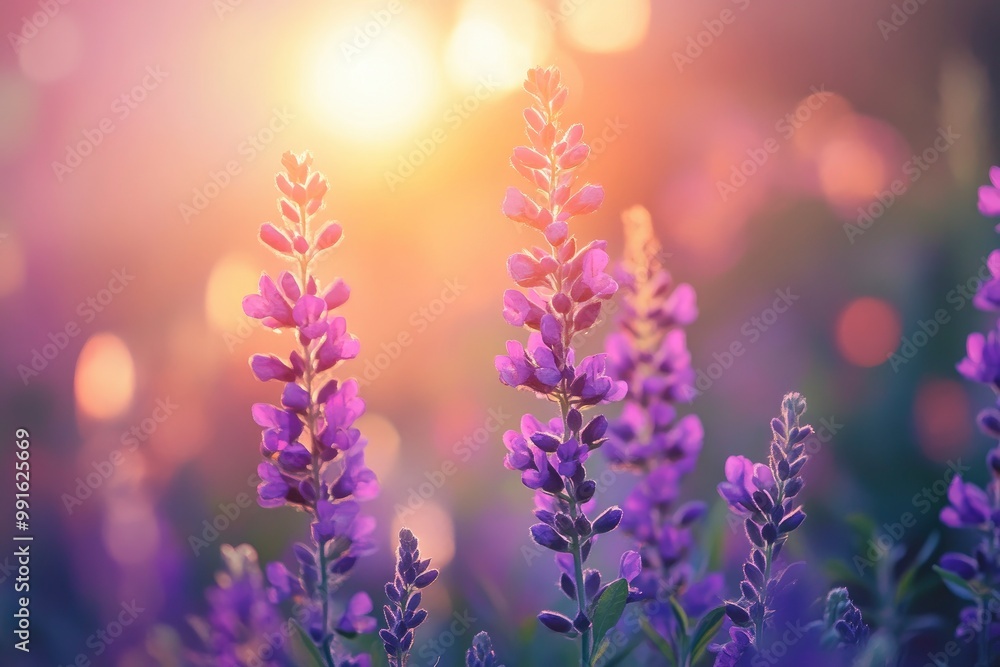 Obraz premium Beautiful purple flowers in the garden at sunset. Nature background. Levander flower on the garden.geneative ai