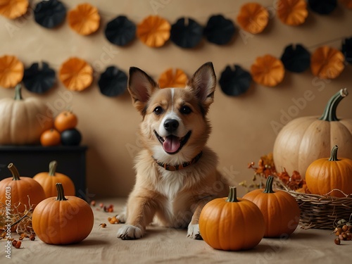 Cute dog, pumpkins, and Halloween decorations on a beige backdrop.