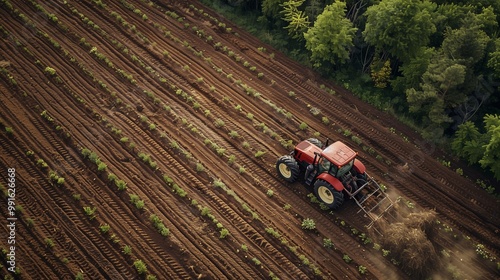 Farmers are using a tractor to cultivate the land, preparing the soil for planting crops in a rural landscape