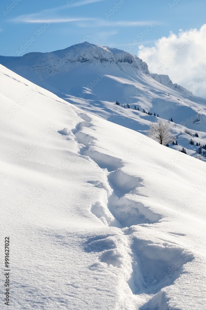 Footprints in fresh, pristine snow leading towards a distant mountain, highlighting peaceful nature and outdoor adventure. Footprints in fresh, pristine snow leading towards a distant mountain, highlighting peaceful nature and outdoor adventure.