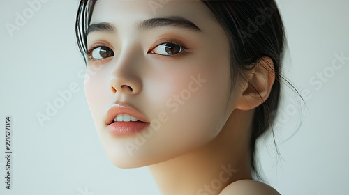 Elegant and minimalist portrait of an Asian woman with glowing skin and simple, natural makeup, showcasing high-quality beauty and skincare concepts. photo