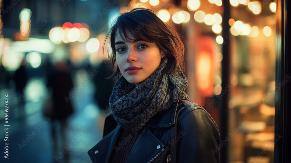 A young woman with a stylish scarf and leather jacket stands confidently in a bustling city street at night A young woman with a stylish scarf and leather jacket stands confidently in a bustling city street at night