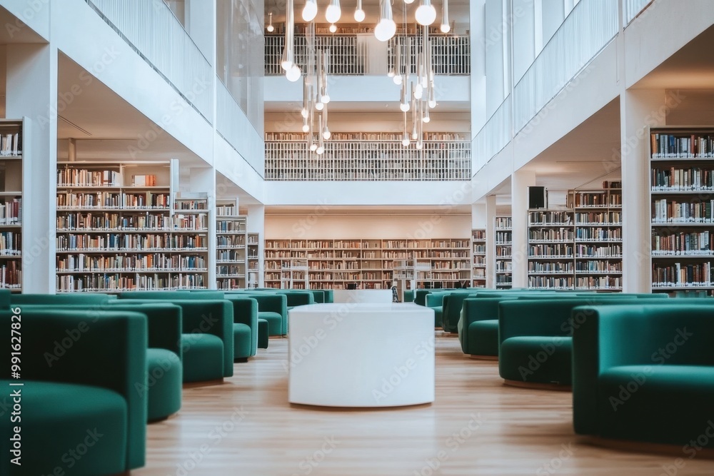 A white wall in the middle of an open-space library with green seating, bookshelves, and hanging lights Generative AI A white wall in the middle of an open-space library with green seating, bookshelves, and hanging lights Generative AI