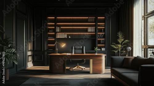 Elegant dark office with a wooden desk, comfortable sofa, and glowing floor lamps casting a soft light, creating a sophisticated and cozy work environment.