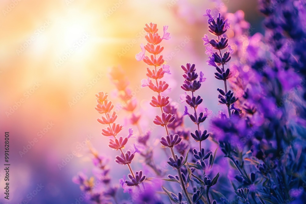 Obraz premium Beautiful purple flowers in the garden at sunset. Nature background. Levander flower on the garden.geneative ai