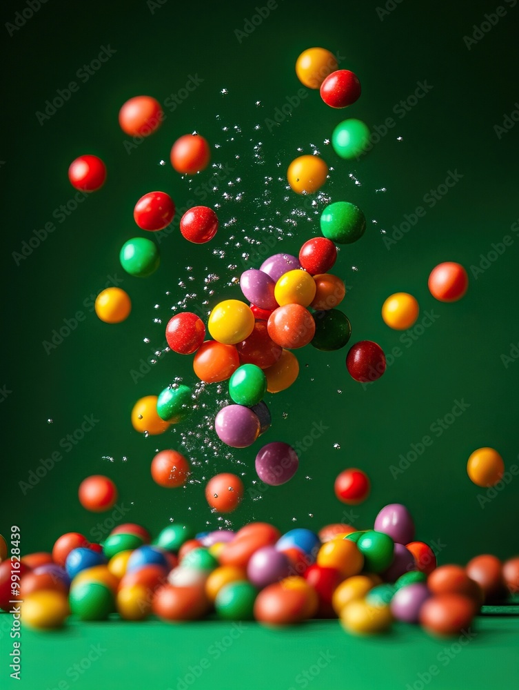 A colorful explosion of candy balls, showcasing vibrant shades of red, green, yellow, blue, and purple against a vibrant green background. A colorful explosion of candy balls, showcasing vibrant shades of red, green, yellow, blue, and purple against a vibrant green background.