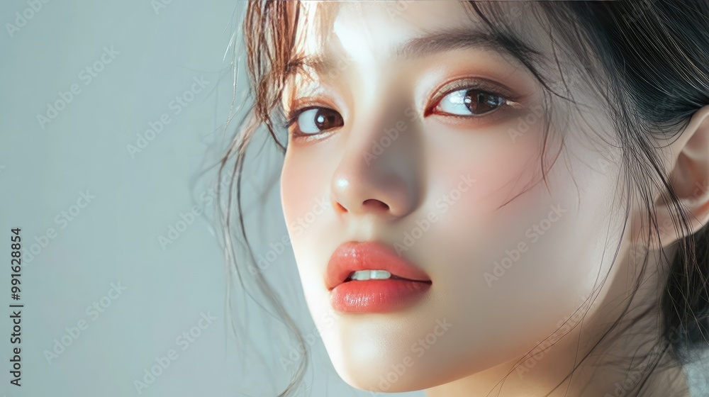 Elegant portrait of an Asian woman with glowing skin, natural makeup, and minimal accessories, highlighting her radiant complexion, perfect for beauty and skincare promotions. Elegant portrait of an Asian woman with glowing skin, natural makeup, and minimal accessories, highlighting her radiant complexion, perfect for beauty and skincare promotions.