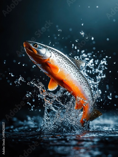 A dynamic image of a trout leaping out of the water, showcasing its vibrant colors and the splash created. Perfect for nature and wildlife themes.