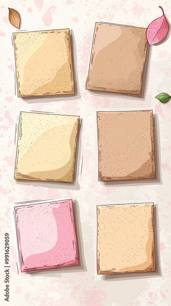 Illustration of five blank sticky notes with leaves in pastel colors on a textured background Illustration of five blank sticky notes with leaves in pastel colors on a textured background