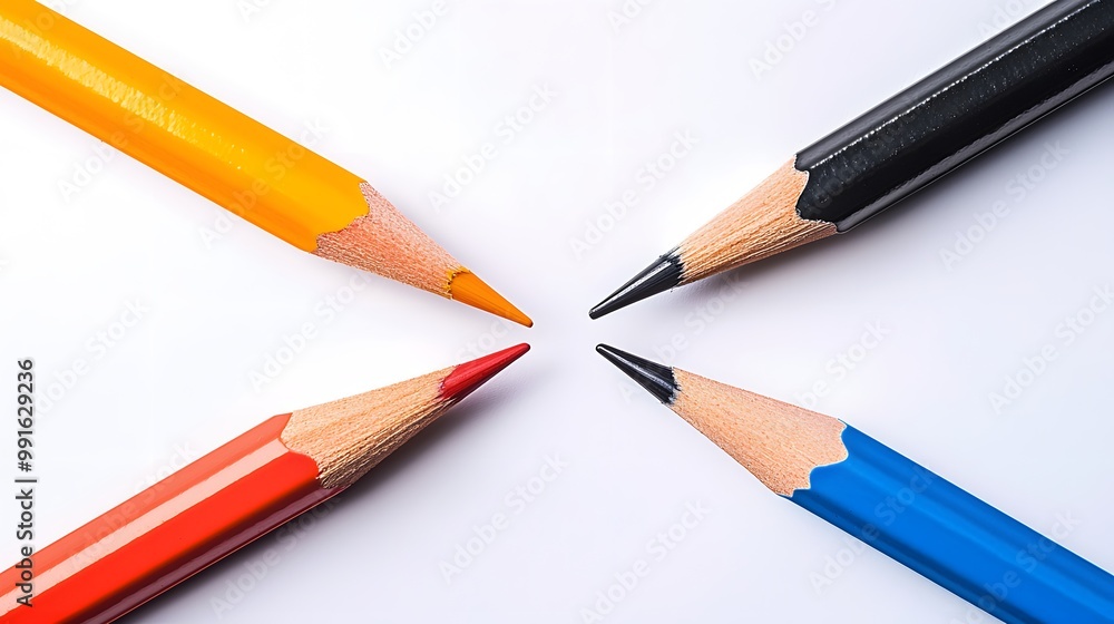 Four Color Pencils Arranged in a Cross Shape. Four Color Pencils Arranged in a Cross Shape.