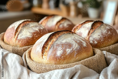 Freshly shaped sourdough loaves resting in bannetons, with a warm, homely kitchen scene softly blurred in the background, ready for baking photo