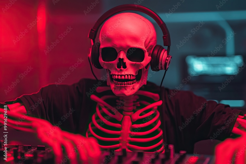 A stylish skeleton DJ wearing headphones, immersed in music at a vibrant electronic party with red and blue lighting effects. A stylish skeleton DJ wearing headphones, immersed in music at a vibrant electronic party with red and blue lighting effects.
