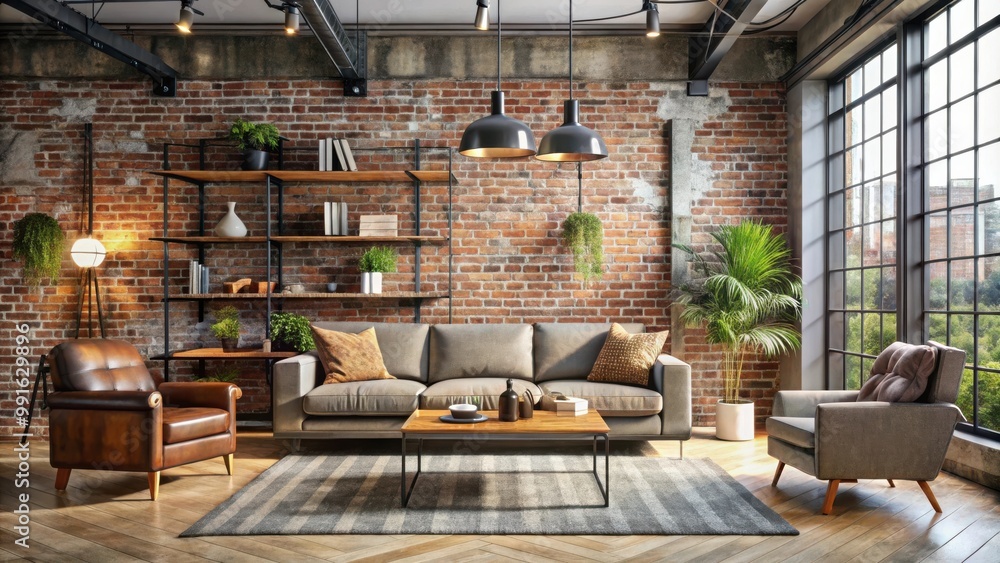 Stylish industrial living room interior with modern furniture and exposed brick walls Stylish industrial living room interior with modern furniture and exposed brick walls