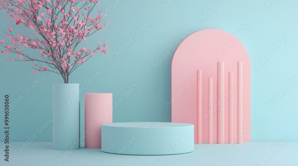 Minimalist Pastel Pink and Blue Product Display with Spring Flowers. Minimalist Pastel Pink and Blue Product Display with Spring Flowers.
