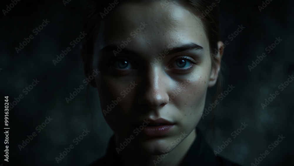 Dark, mysterious portrait of a woman with one eye visible. Dark, mysterious portrait of a woman with one eye visible.