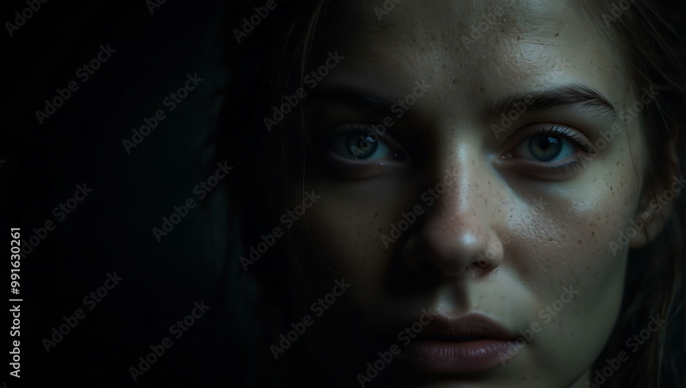 Dark, mysterious portrait of a woman with one eye visible. Dark, mysterious portrait of a woman with one eye visible.