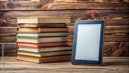 Digital e book reader displayed on stack of books on rustic wooden table in cozy setting