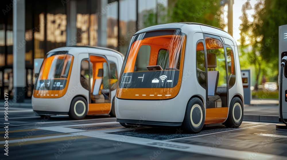 Fototapeta premium Futuristic self-driving electric pod cars in a modern city setting, showcasing advanced autonomous vehicle technology and urban mobility solutions.