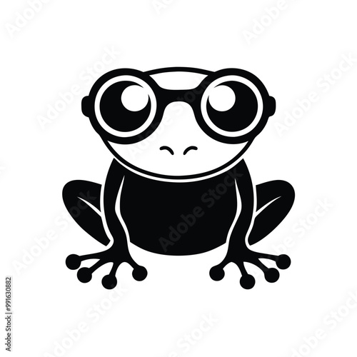 a black and white illustration of a frog wearing glasses. The frog is sitting on its hind legs with its front legs stretched out in front of it 