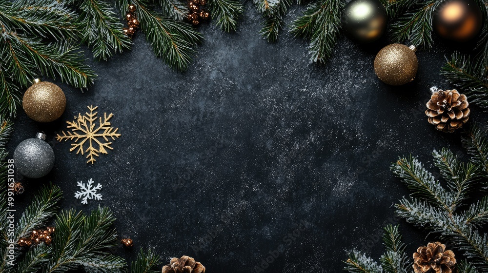 Festive background featuring snowflakes, Christmas baubles, and pine branches on a dark surface, perfect for holiday greetings Festive background featuring snowflakes, Christmas baubles, and pine branches on a dark surface, perfect for holiday greetings