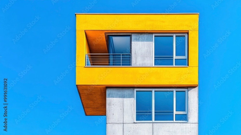 Modern Yellow Building with Blue Windows Against Blue Sky Modern Yellow Building with Blue Windows Against Blue Sky