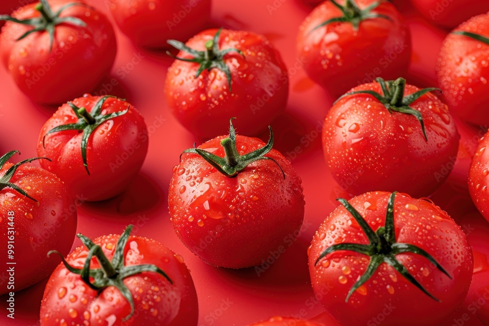 Juicy Red Tomatoes: A vibrant and inviting close-up of plump, red tomatoes, glistening with water droplets, arranged in a captivating pattern against a bold red backdrop. Juicy Red Tomatoes: A vibrant and inviting close-up of plump, red tomatoes, glistening with water droplets, arranged in a captivating pattern against a bold red backdrop.