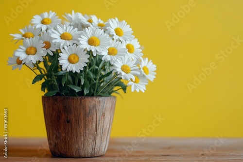 Wallpaper Mural Beautiful white daisy flowers in a wooden pot on a wooden table with yellow background -.geneative ai Torontodigital.ca