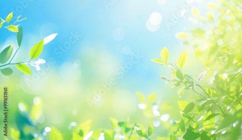 Wallpaper Mural A beautiful blurred spring-summer background featuring a bokeh effect with green and blue pastel colors, depicting a serene nature landscape with the sun, sky, and clouds, perfect for banners, posters Torontodigital.ca