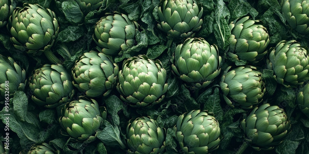Fototapeta premium Fresh green artichokes arranged in a beautiful pattern. Vibrant colors showcase the natural beauty of these vegetables. Perfect for culinary use or healthy eating promotion. AI