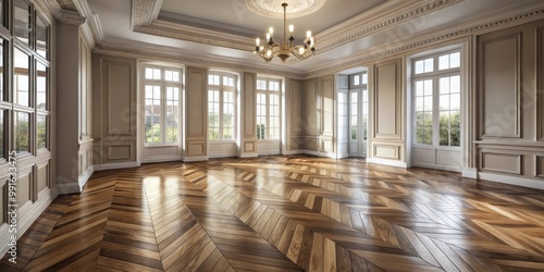 Elegant oak parquet flooring in a vintage apartment building with classic charm