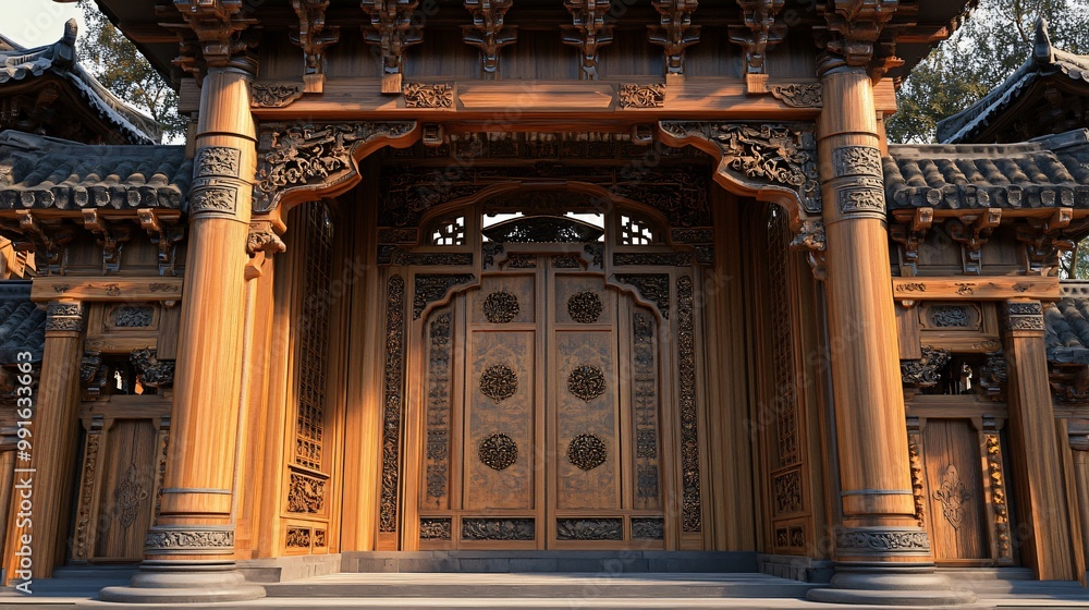 Ornate wooden door with intricate carvings on the exterior of a traditional Chinese building. Ornate wooden door with intricate carvings on the exterior of a traditional Chinese building.