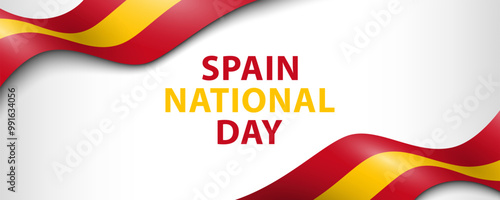 Text Spain National Day and Spanish flags on white background, simple minimalist banner design.