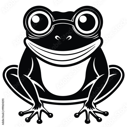 a black and white illustration of a frog wearing glasses. The frog is sitting on its hind legs with its front legs stretched out in front of it 