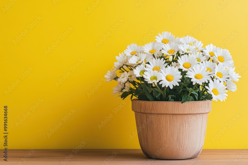 Beautiful white daisy flowers in a wooden pot on a wooden table with yellow background -.geneative ai Beautiful white daisy flowers in a wooden pot on a wooden table with yellow background -.geneative ai