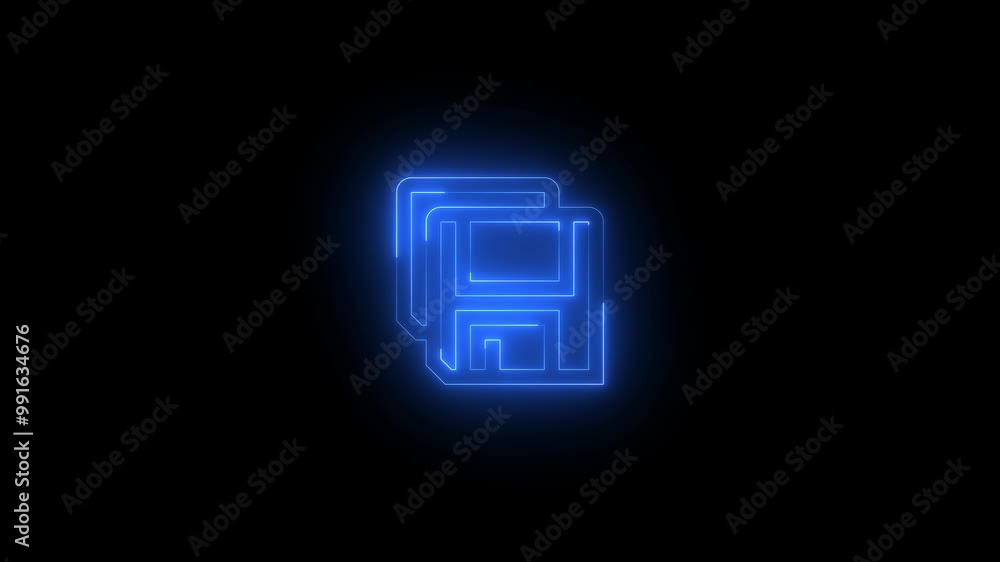 Neon save copy icon blue glowing black background animation Neon save copy icon blue glowing black background animation