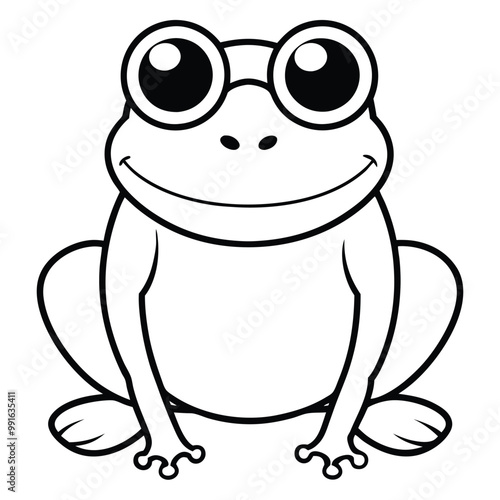 a black and white illustration of a frog wearing glasses. The frog is sitting on its hind legs with its front legs stretched out in front of it 
